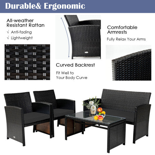 4 Pieces Patio Rattan Cushioned Furniture Set with Coffee Table-Black