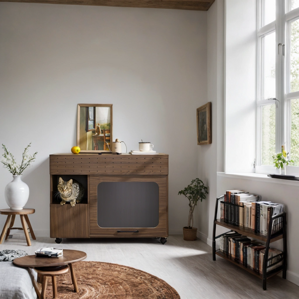 Furniture Style Multi-use Cat Litter Box House with Storage Walnut Particle Board MDF