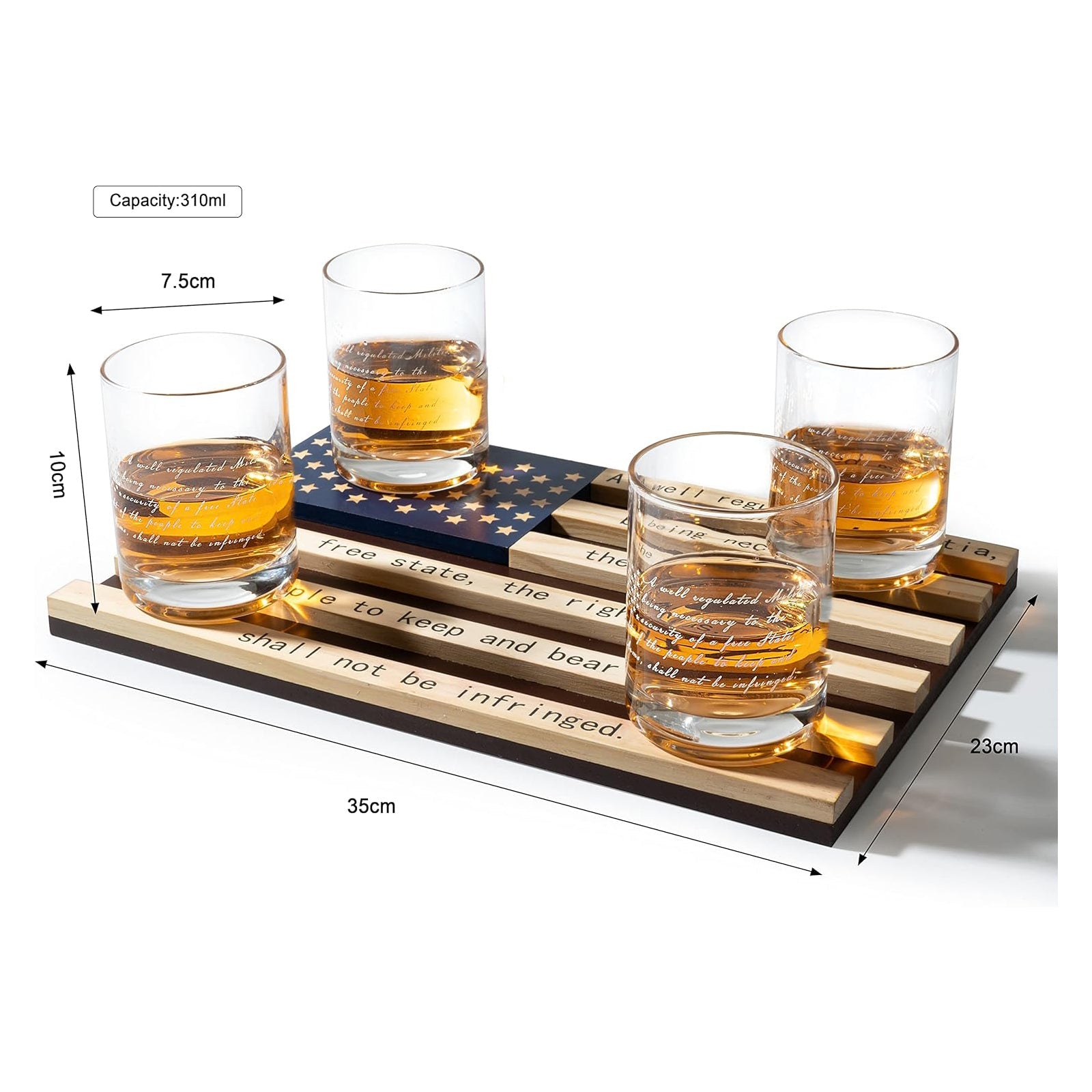 2nd Amendment American Flag Whiskey Glasses, Set of 4 Hand Blown Old Fashioned Whiskey Rocks Glasses, Wood Flag Tray with Patriots Gun Rights Law & Military Gift Set