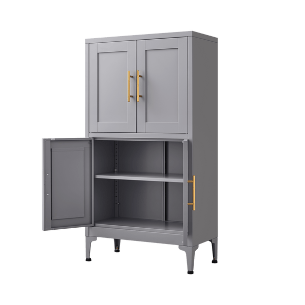 Grey metal kitchen storage cabinet, kitchen pantry storage cabinet with door and shelf, adjustable leveling feet