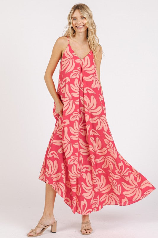 New Summer Printed V-Neck Maxi Cami Dress with Pockets – Chic and Functional Flattering Dress with Ruched Details