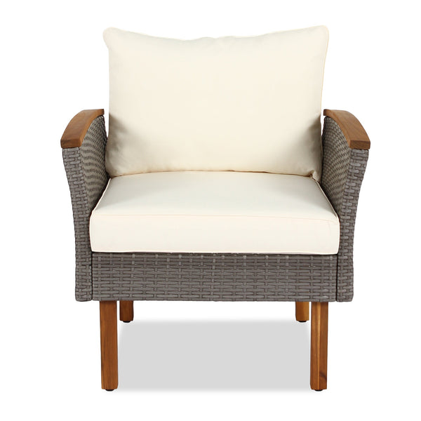 9-piece Patio rattan furniture set with Acacia wooden legs and tabletop sofa set, coffee table washable cushion beige