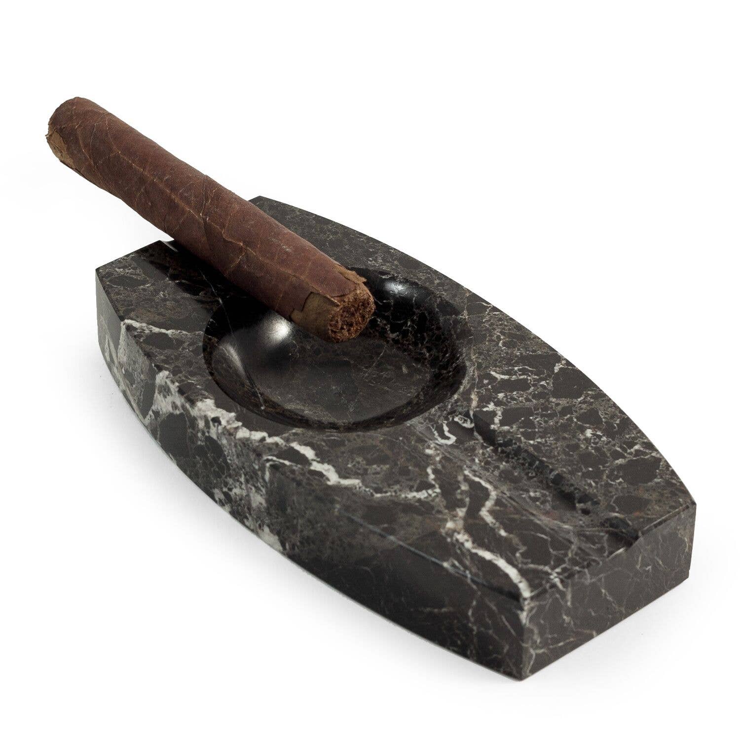 Black Marble Ashtray - Oval Cigar Tray With Two Cigar Rests | Luxury Smoking Accessory