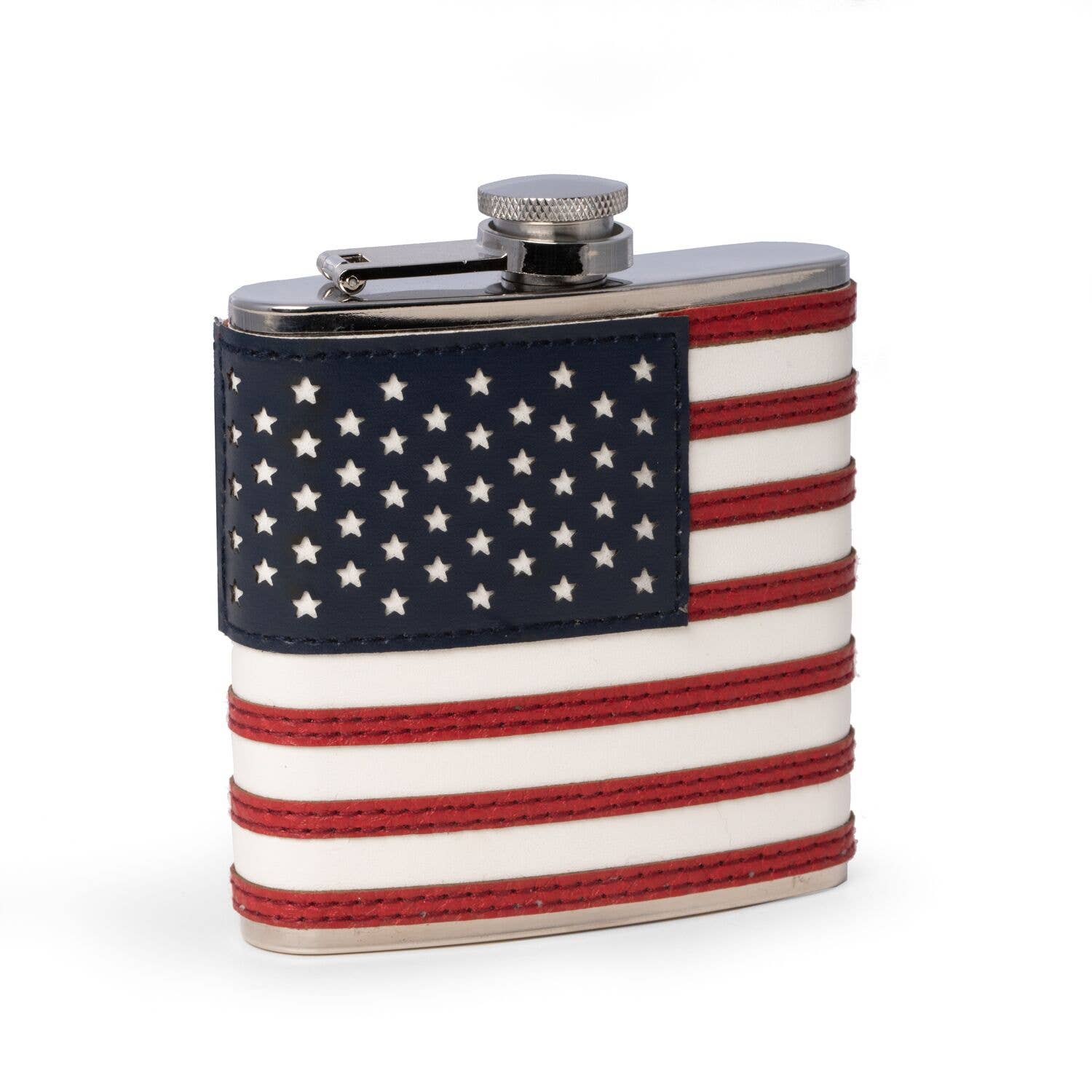 American Flag Flask - Leather Wrapped 6 Ounce Hip Flask with Captive Cap