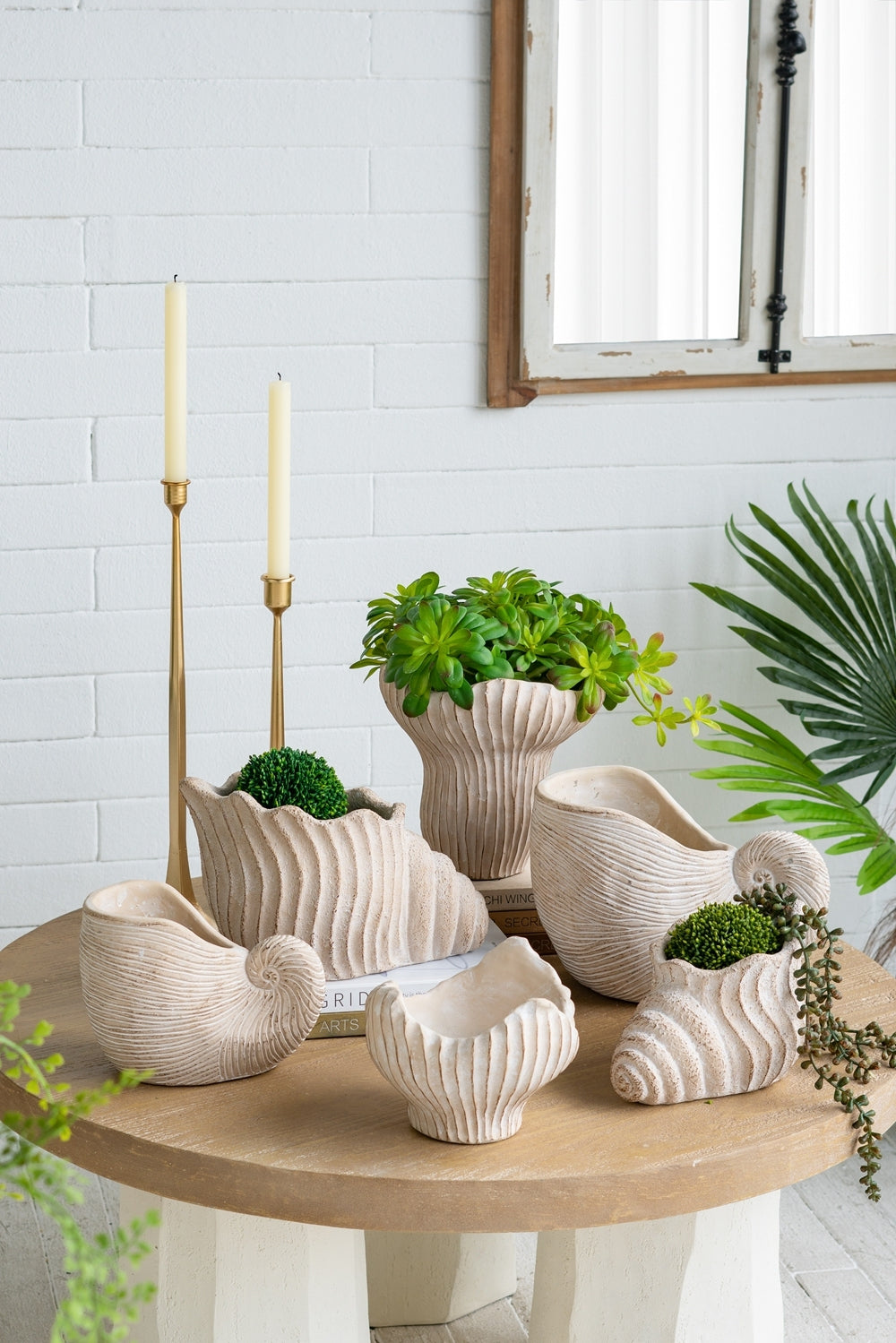 11.5x7x7' Sand and Cement Nautilus Shell Planter with Textured Beige Finish