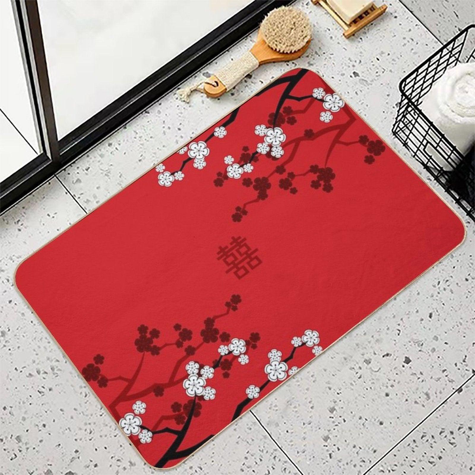 White Oriental Cherry Blossoms on Red And Chinese Wedding Double Happiness  Japanese Sakura © Fatfatin Bath Mat