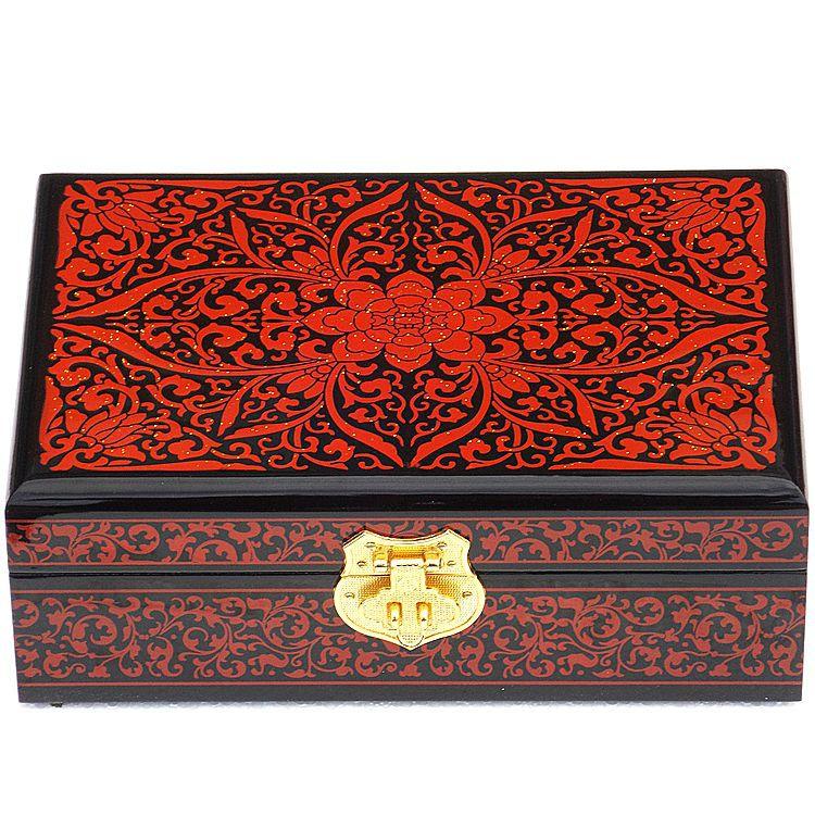 Pingyao Hand‑Painted Gold Foil Jewelry Box – Classical Chinese Peach Wood
