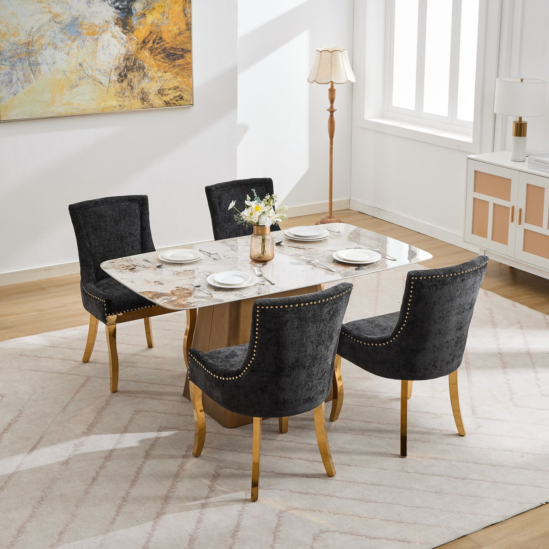 Chenille Dining Chairs Modern Style with Curved Gold-Plated Legs & Rivet Trim