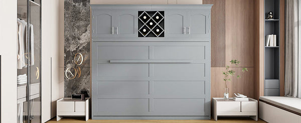 Queen Size Murphy Bed Wall Bed with Top Cabinets & Wine Rack ,Gray(OLD SKU:LP000879AAE)