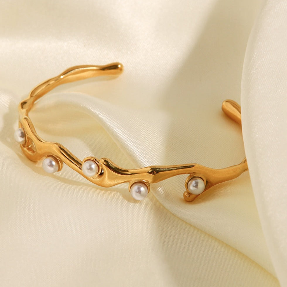 Gold Pearl Open Bangle Bracelet