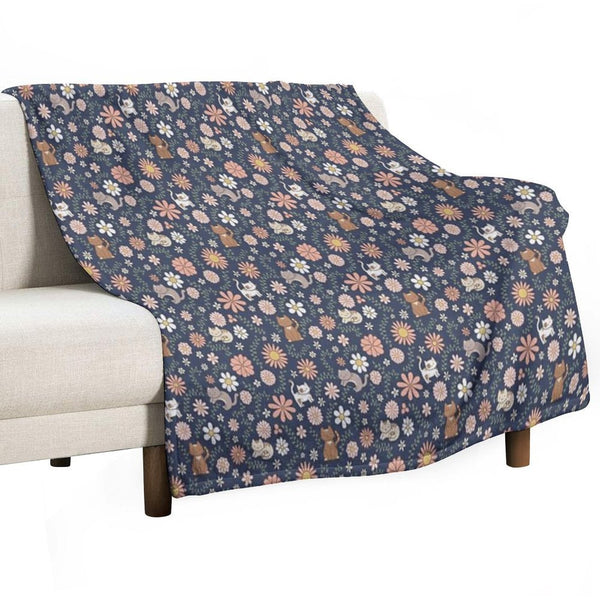 Flower Meower (Navy) Travel-friendly Throw Blanket