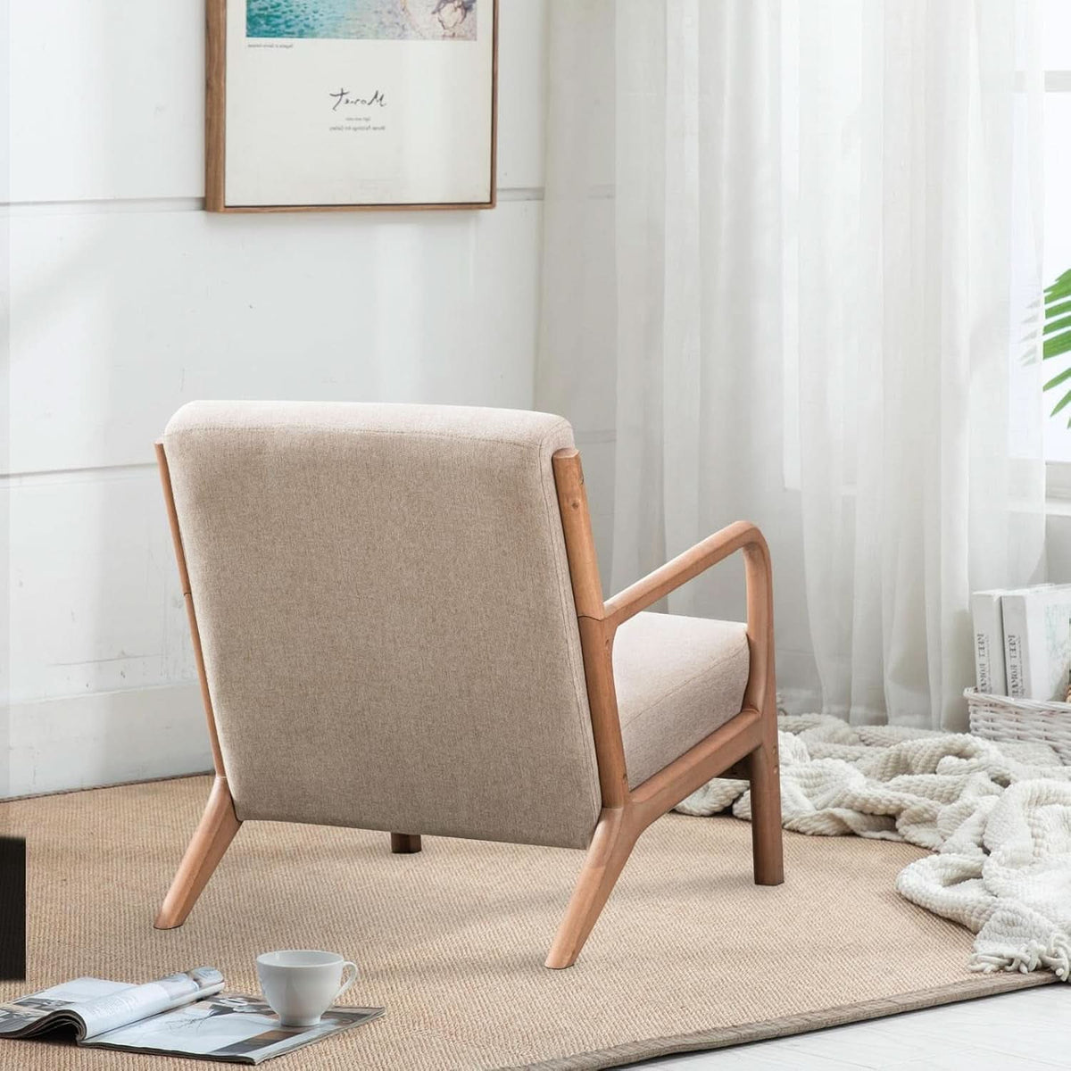 Beige Luxuriously Upholstered Mid Century Modern Chair