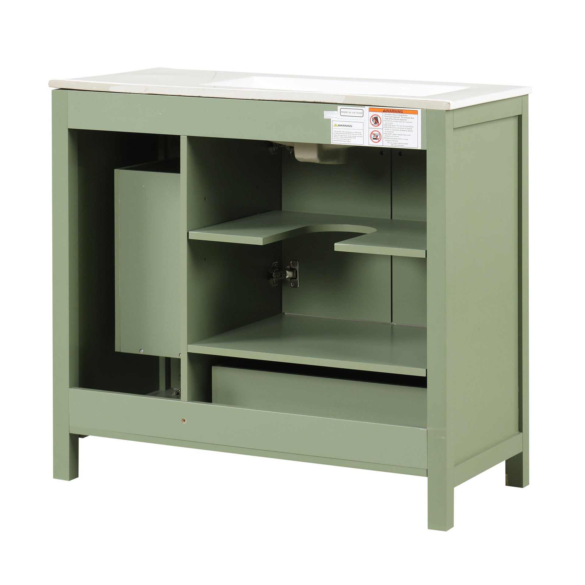 36 inch bathroom vanity with sink, one double door cabinet one large drawer and one flip drawer solid wood and MDF board, green