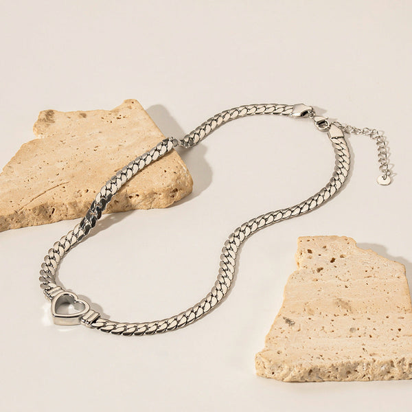 Stainless steel Cuban chain heart-shaped necklace with hollowed out flat snake chain heart pendant necklace for women