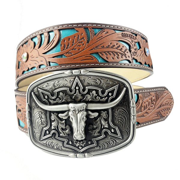 TOPACC Western Turquoise Belts - Pattern Longhorn Cow Belt Buckle Copper/Bronze