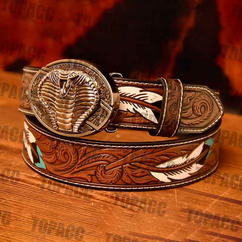 Waist 42-46 inch Western Leather Feather Belt - Block Buckle