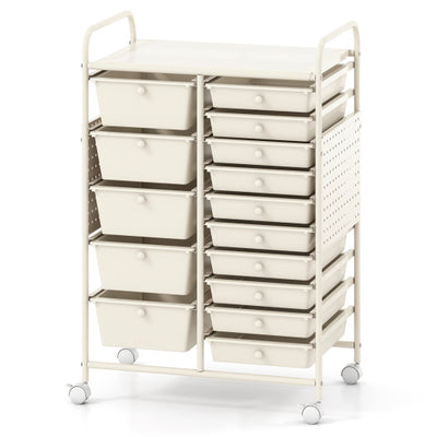 15-Drawer Rolling Storage Cart with Metal Tabletop and Pegboard-White