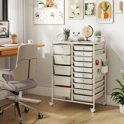 15-Drawer Rolling Storage Cart with Metal Tabletop and Pegboard-White