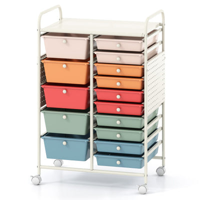 15-Drawer Rolling Storage Cart with Metal Tabletop and Pegboard-Macaron
