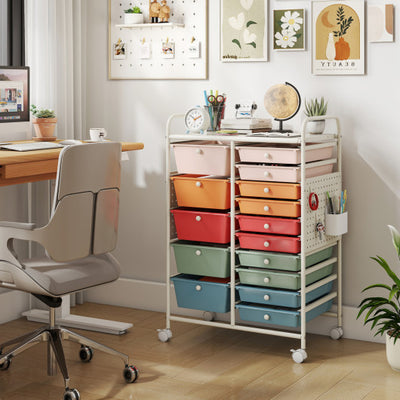 15-Drawer Rolling Storage Cart with Metal Tabletop and Pegboard-Macaron