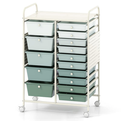 15-Drawer Rolling Storage Cart with Metal Tabletop and Pegboard-Green