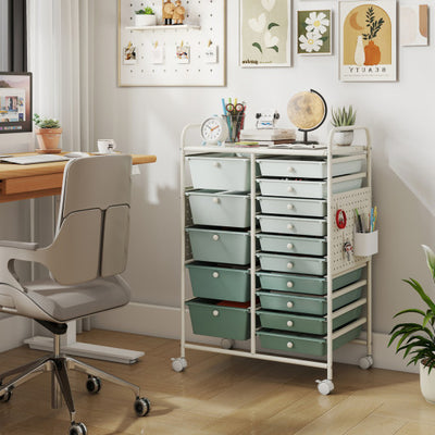 15-Drawer Rolling Storage Cart with Metal Tabletop and Pegboard-Green