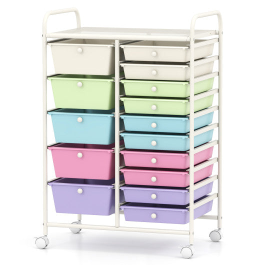 15-Drawer Utility Rolling Cart with Drawers Multi-Use Storage-Icecream Multicolor