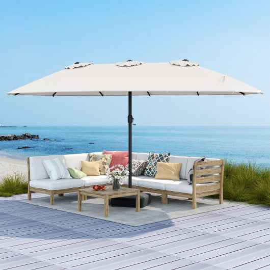 15 Feet Double-Sided Twin Patio Umbrella with Crank and Base-Beige