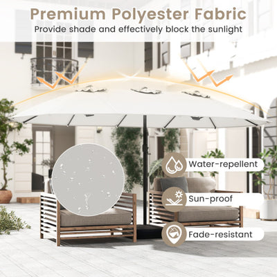 15 Feet Double-Sided Twin Patio Umbrella with Crank and Base-Beige