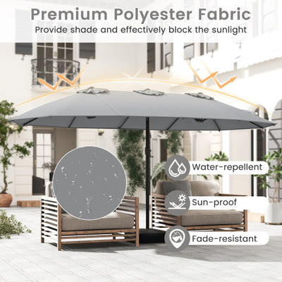15 Feet Double-Sided Twin Patio Umbrella with Crank and Base-Gray