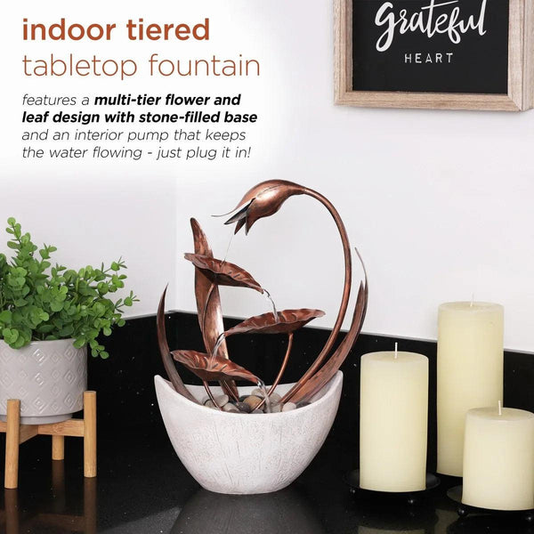 15 in. H Indoor Multi-Tier Metal Floral Leaf Tabletop Fountain with Stone-Filled Base - Gifts for You 'n Me