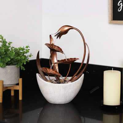 15 in. H Indoor Multi-Tier Metal Floral Leaf Tabletop Fountain with Stone-Filled Base