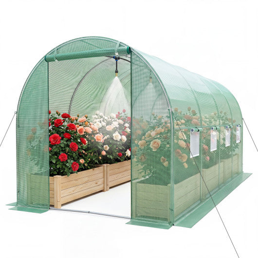 15 x 7 x 7 ft Walk-in Tunnel Greenhouse with Watering System-Green