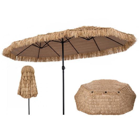 15 x 9 FT Double-sided Thatched Tiki Patio Umbrella with Crank Handle and 12 Sturdy Ribs-Brown