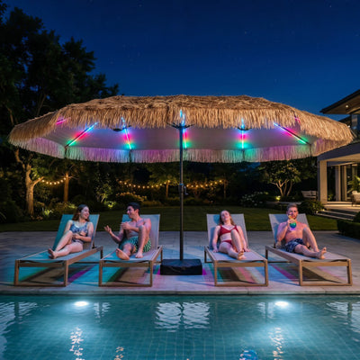 15 x 9 FT Solar Double-sided Patio Umbrella wITH 144 Multi-colored Flowing Lights and Umbrella Base-Brown
