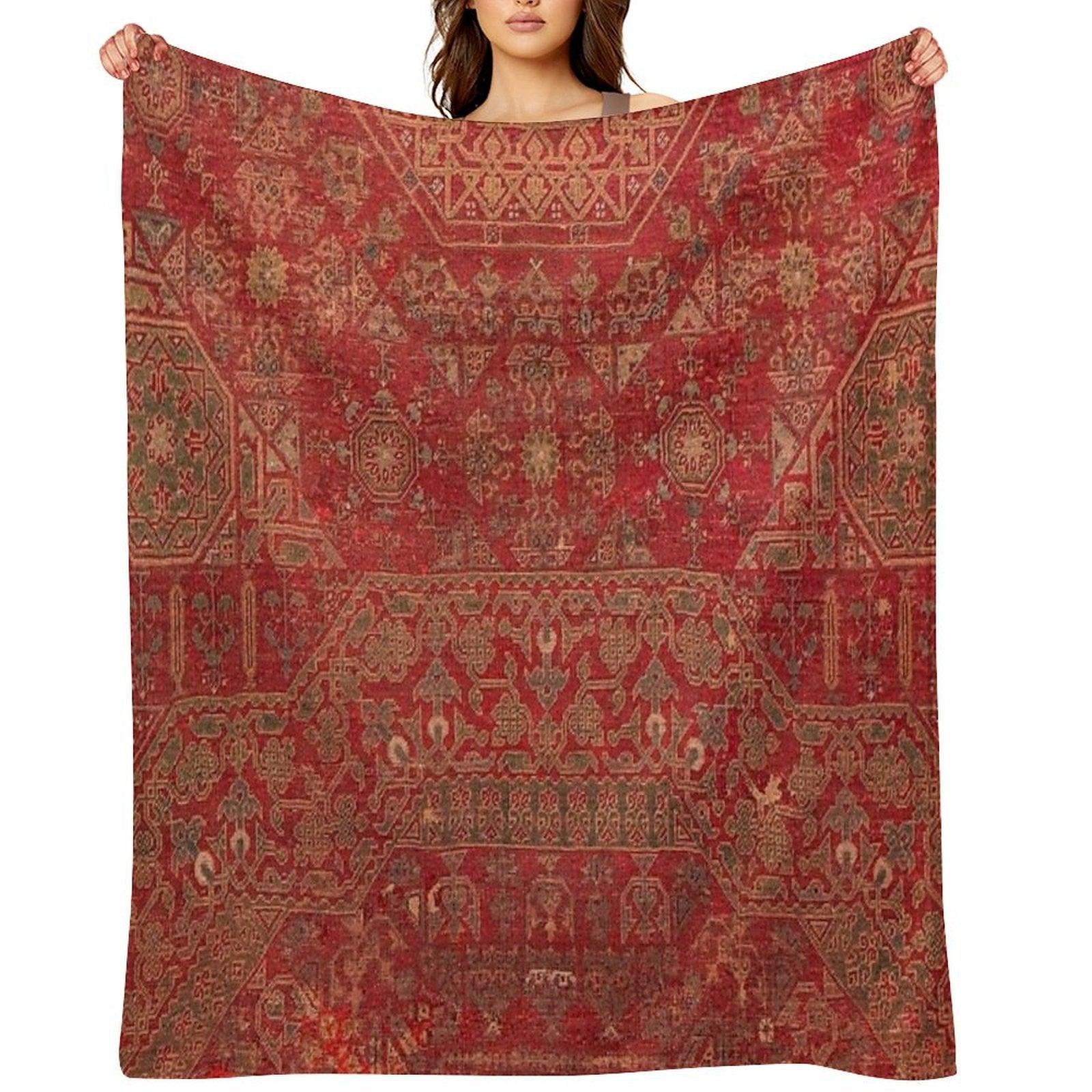 Bohemian Medallion II  15th Century Old Distressed Red Green Colorful Ornate Accent Rug Pattern Throw Blanket
