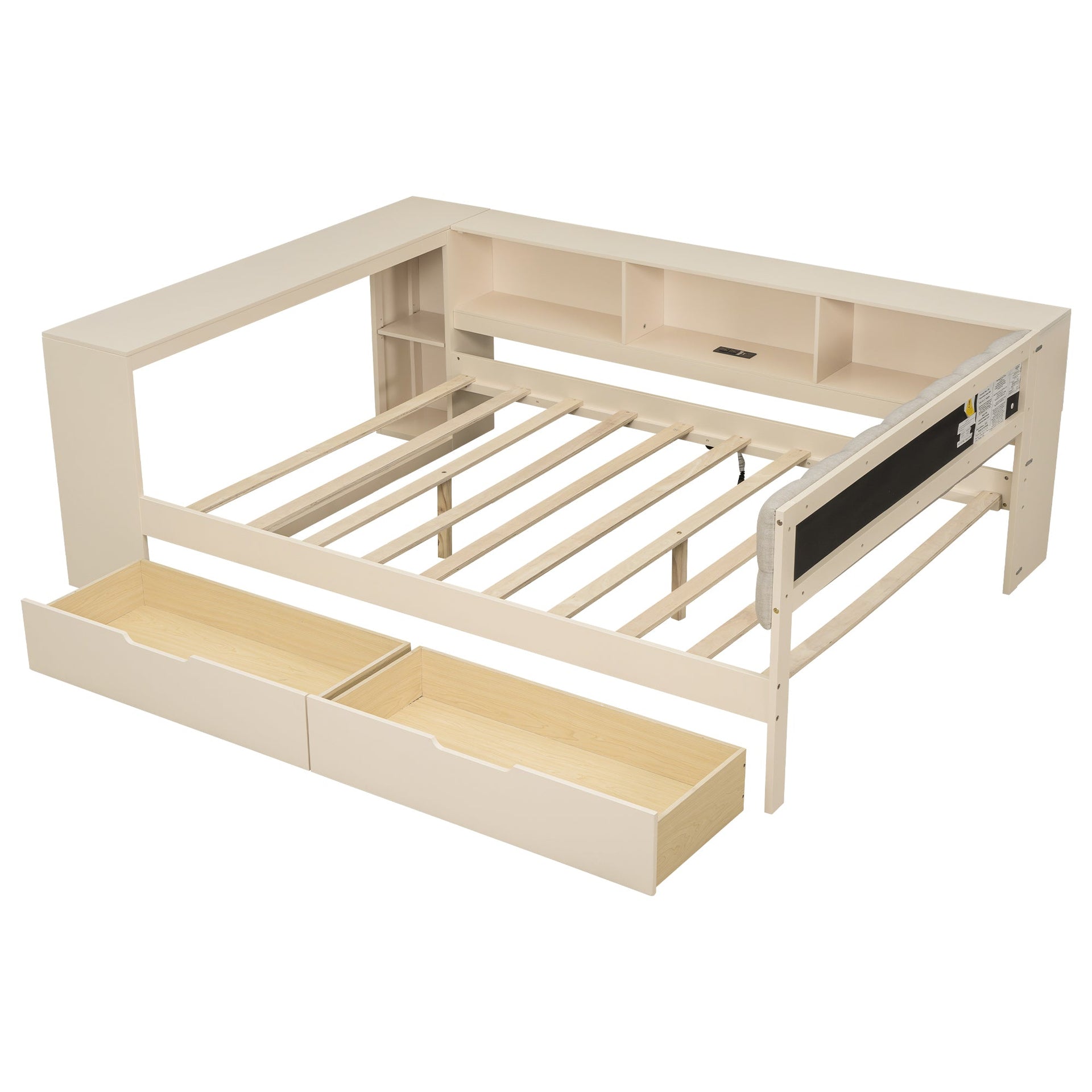 Wood Full Size Platform Bed with Storage Shelves, Drawers, Charging Station and Upholstered Headboard