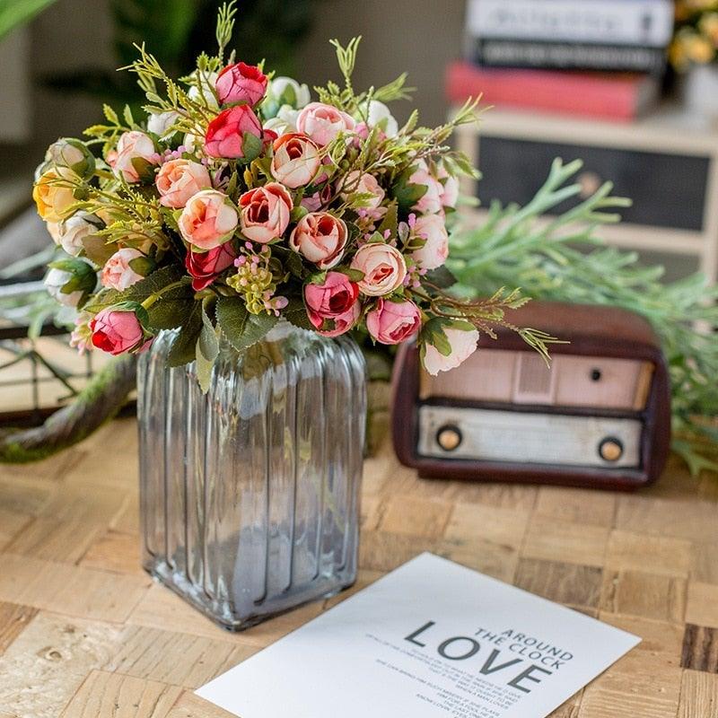 15heads/1 bundle Silk Tea Roses Bride Bouquet for Christmas Home Wedding New Year Decoration Fake Artificial Flowers Home Decor