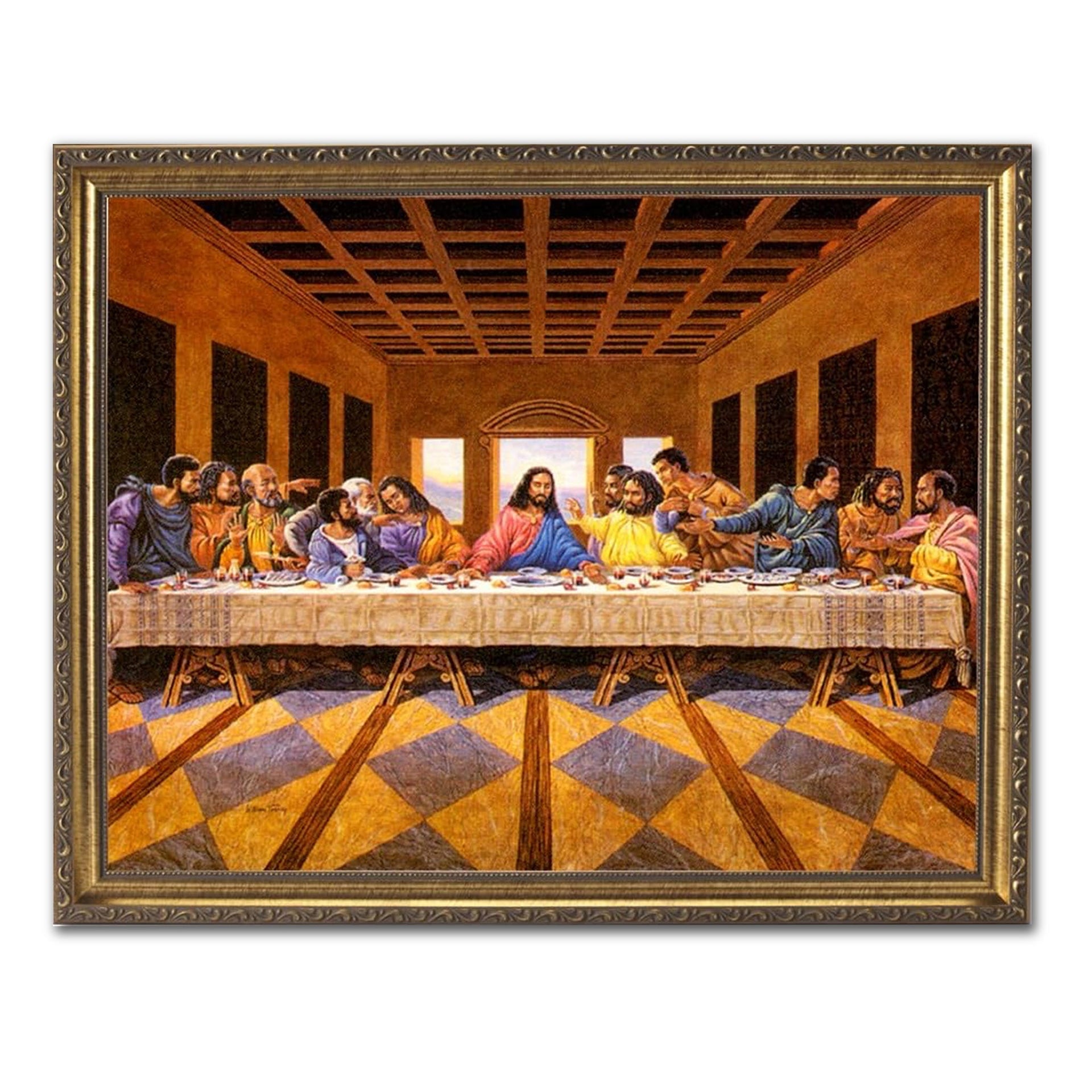 Religious Wall Art | Black Last Supper Jesus Christ Deluxe Gold Framed Print 19x23