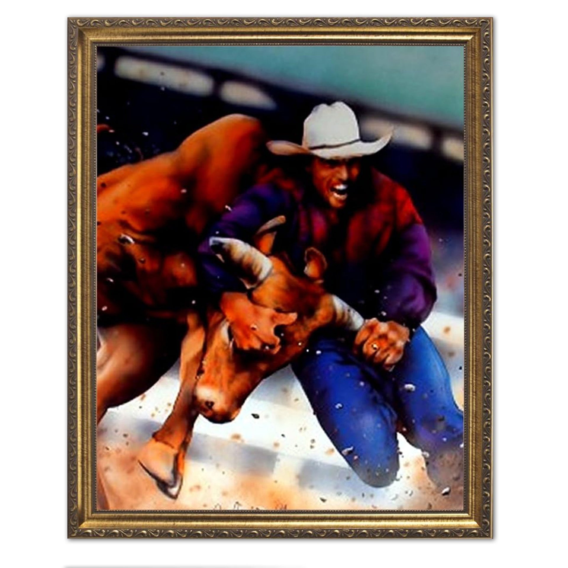 Gold Framed Wall Art - Cowboy Rodeo Bull Dogging Print with Antique Gold Frame