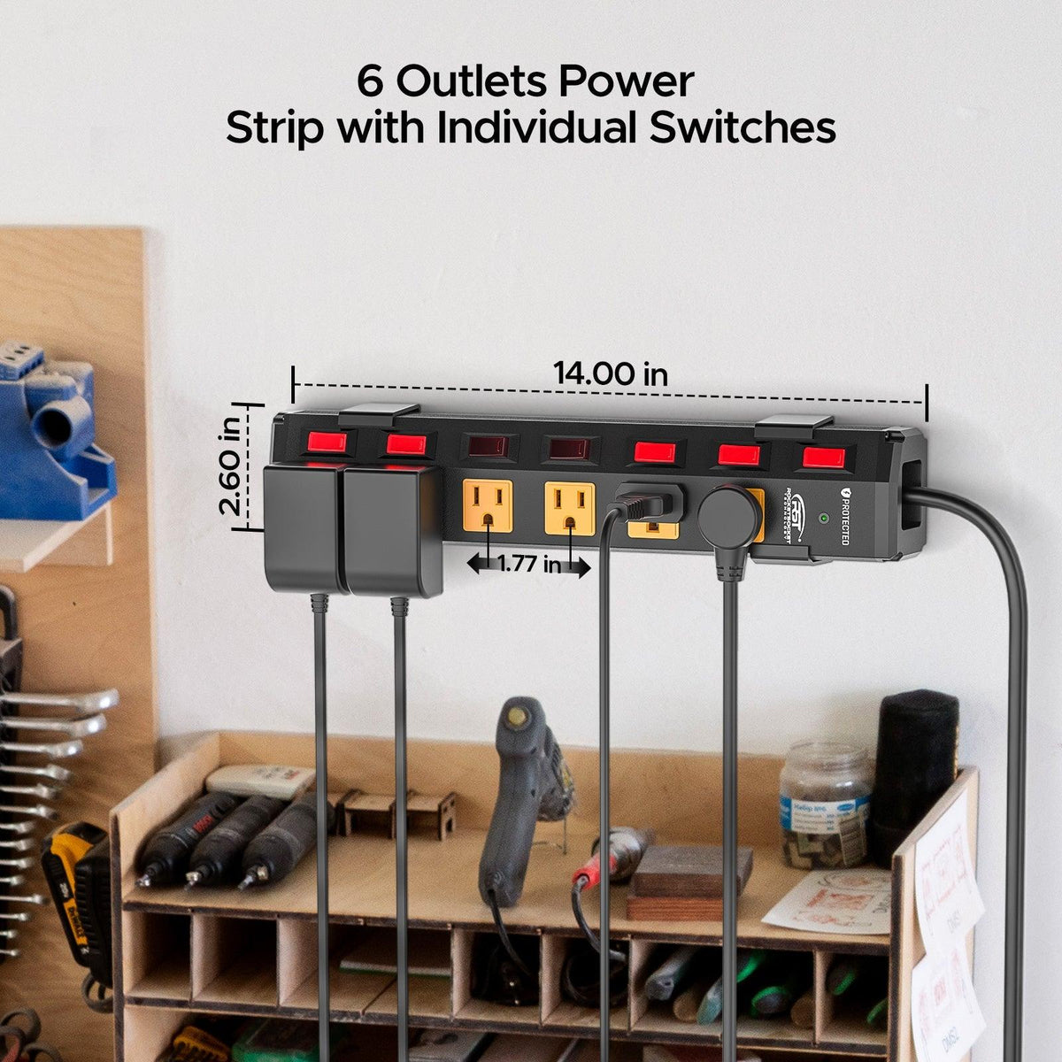 CRST 6-Outlet Metal Power Strip Surge Protector with Individual Switches, Versatile Mounting System