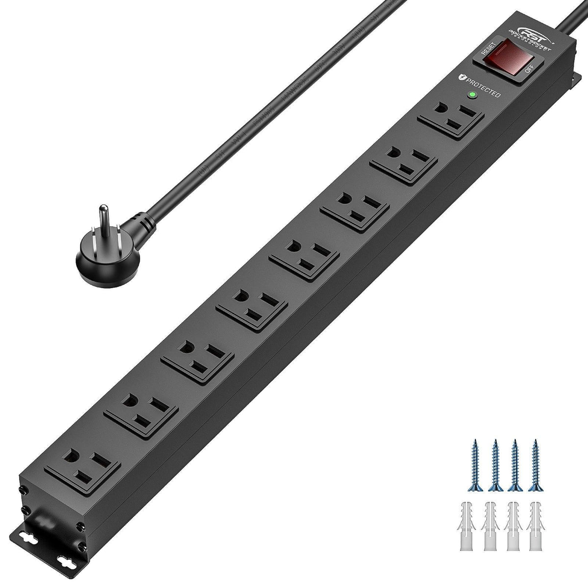 CRST 8 Outlets Mountable Metal Power Strip Surge Protector, 6FT Flat Plug, 2100 Joules, Wide Spaced