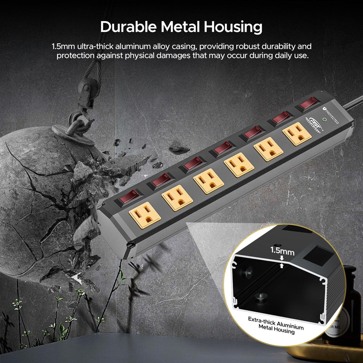 CRST 6-Outlet Metal Power Strip Surge Protector with Individual Switches, Versatile Mounting System