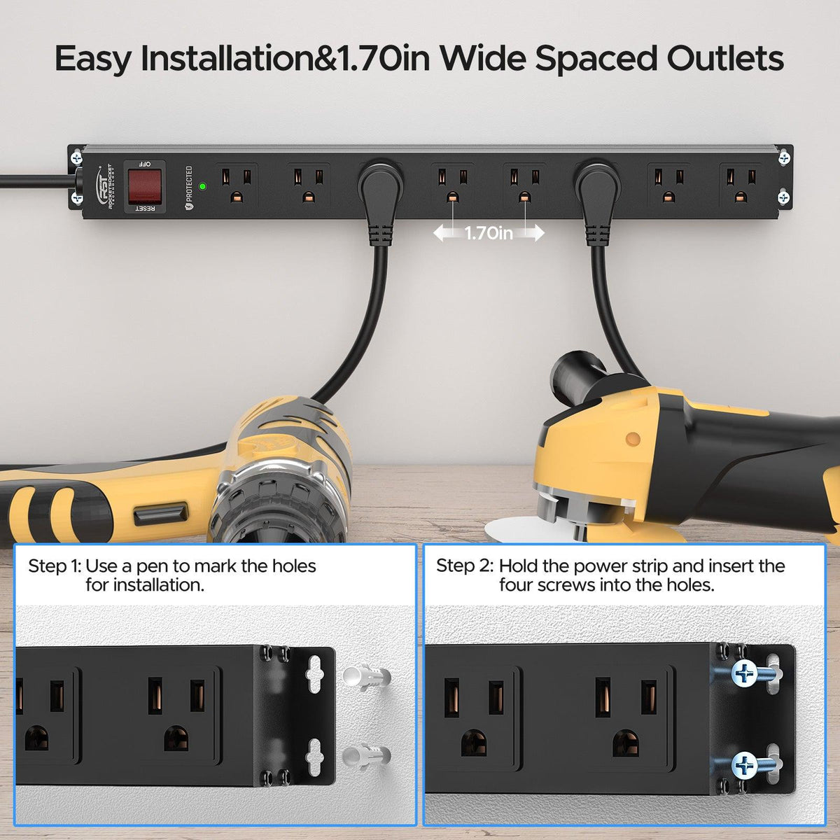 CRST 8 Outlets Mountable Metal Power Strip Surge Protector, 6FT Flat Plug, 2100 Joules, Wide Spaced