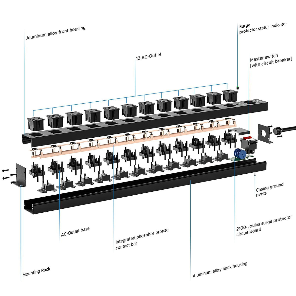 CRST 12-Outlet Metal Surge Protector Power Strip — Mountable, 2100J, 6FT/15FT Cord