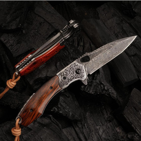 Starchaser Japanese Damascus Pocket Knife with Exotic Sandal Wood Handle