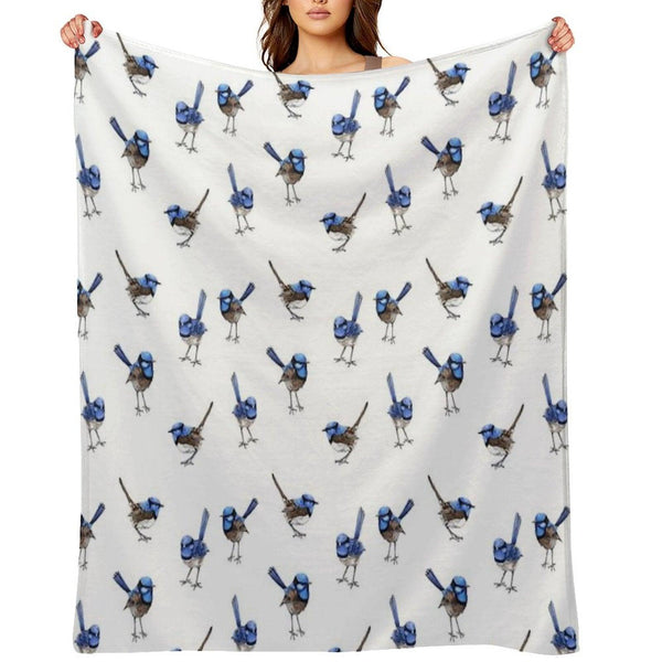Blue Wrens, Scattered on White Throw Blanket