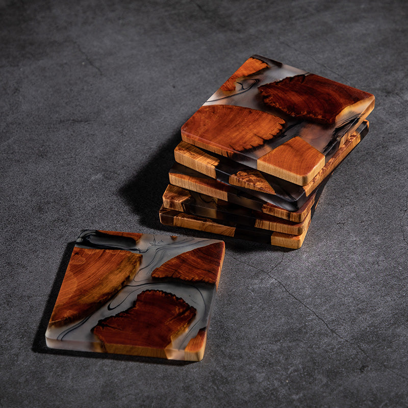 Chinese Tea Ceremony Coaster Set, 6-Piece Resin & Wood