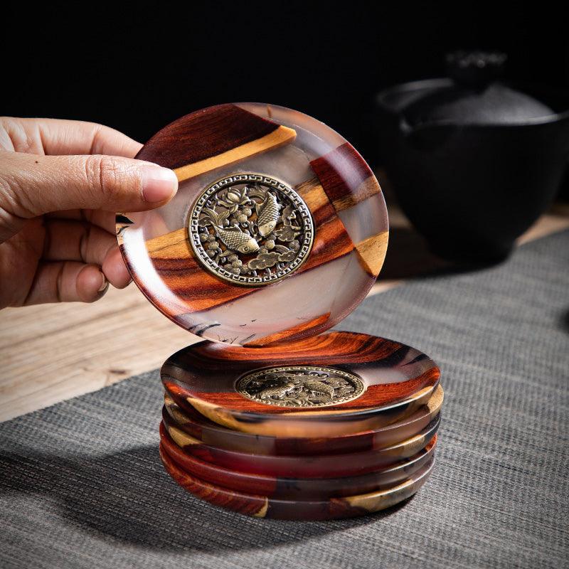 Chinese Tea Ceremony Coaster Set, 6-Piece Resin & Wood
