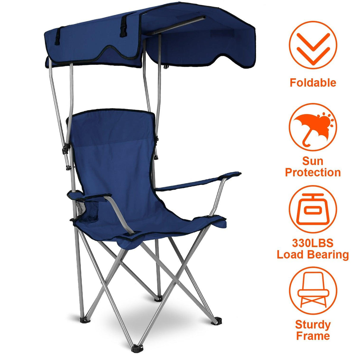 Foldable Beach Canopy Chair Sun Protection Camping Lawn Canopy Chair 330LBS Load Folding Seat w/ Cup Holder For Beach Poolside Travel Picnic